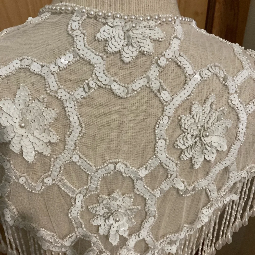 Source Unknown Ivory Beaded Fringe Bridal Shawl Scarf